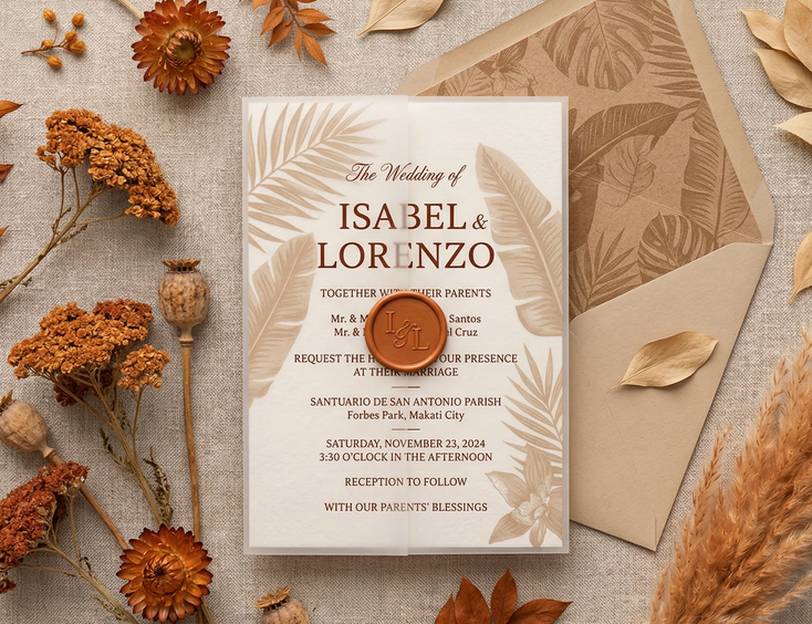 A flat lay of a Filipino wedding invitation suite in terracotta, sand, and ivory tones on raw linen, including a main invitation card, kraft-lined envelope, vellum overlay, and burnt orange wax seal, surrounded by dried botanicals in warm amber and rust tones in soft natural light.