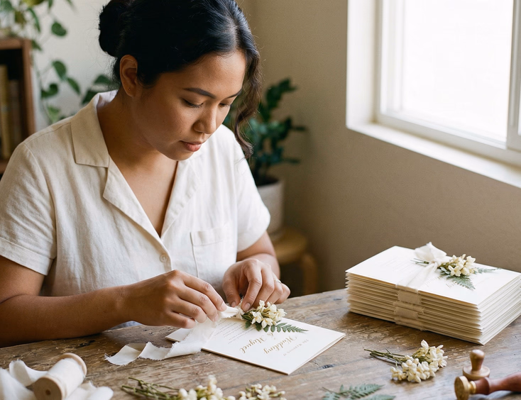 A Filipino woman in her late 20s sits at a wooden craft table carefully attaching a small bundle of dried sampaguita flowers and pressed fern to a wedding invitation card with an ivory ribbon, with a neat stack of finished invitation cards beside her in warm natural light.