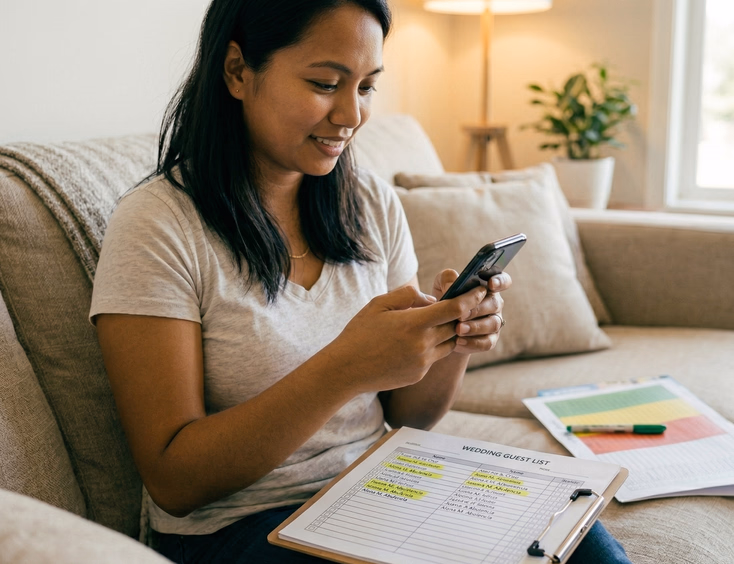 A close-up of a Filipino woman's morena hands writing an RSVP deadline date on a wall calendar above a desk scattered with wedding planning notes, a printed guest list, and colored markers in warm natural daylight.