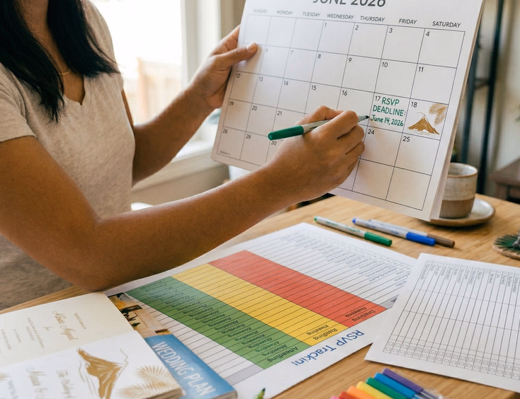 A Filipino woman in her late 20s sits on a couch smiling softly while typing on her smartphone, with a printed wedding guest list with highlighted names resting on her lap in soft, warm indoor lighting.