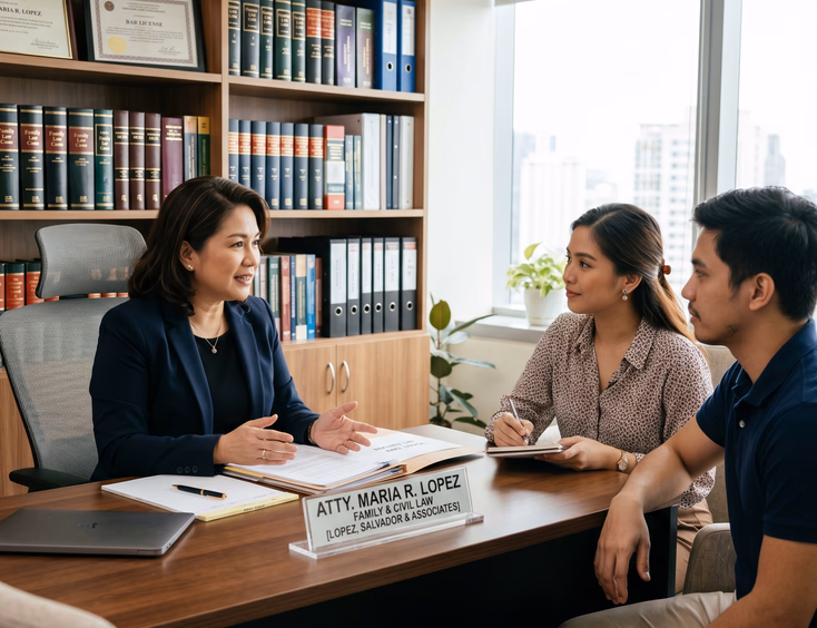 A young Filipino couple meets with a professional family lawyer in a bright office, listening attentively across a desk with law books.