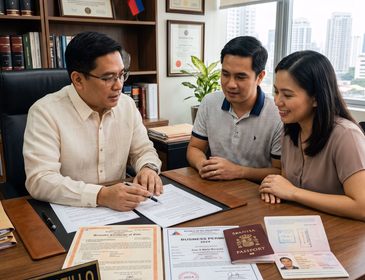 A focused Filipino lawyer reviews specific documents, including a land title and foreign passport, on a desk in a professional law office.