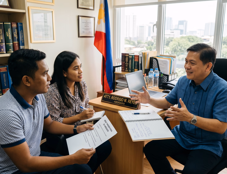 Engaged Filipino couple sits in a bright law office, holding a list of questions and consulting with a lawyer who explains with gestures.
