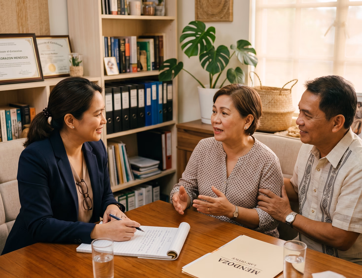 A compassionate Filipino lawyer listens warmly as a couple shares personal details in a welcoming office with soft lighting.