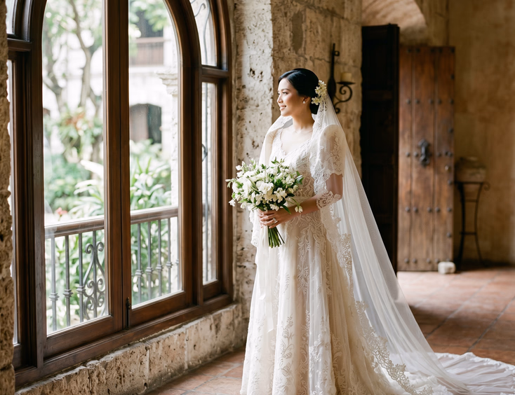 Filipino bride standing near a tall arched window in a Spanish-colonial heritage venue wearing a lace gown and cathedral veil holding a sampaguita bouquet