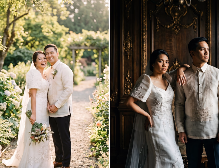 Side-by-side comparison of a Filipino couple's wedding portraits in a natural fine art garden style on the left and a dramatic editorial style on the right