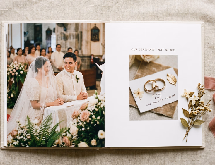Flat lay of a fine art Filipino wedding album open on a linen surface showing a ceremony photo and a ring detail shot beside a dried flower sprig