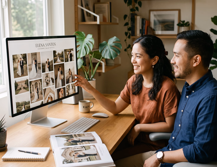 Filipino couple reviewing a wedding photographer's fine art portfolio on a desktop monitor with a printed lookbook open beside the keyboard