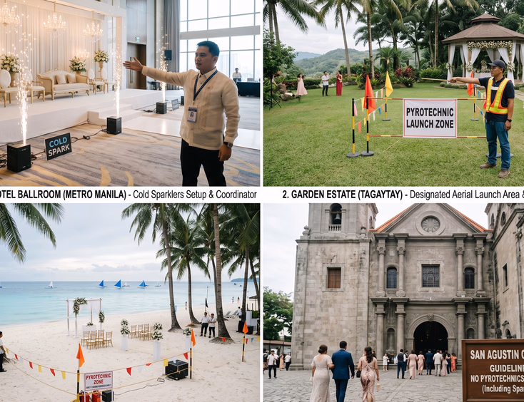 Comparison of Filipino wedding venues showing different pyrotechnic restrictions for ballrooms, gardens, beaches, and heritage churches.