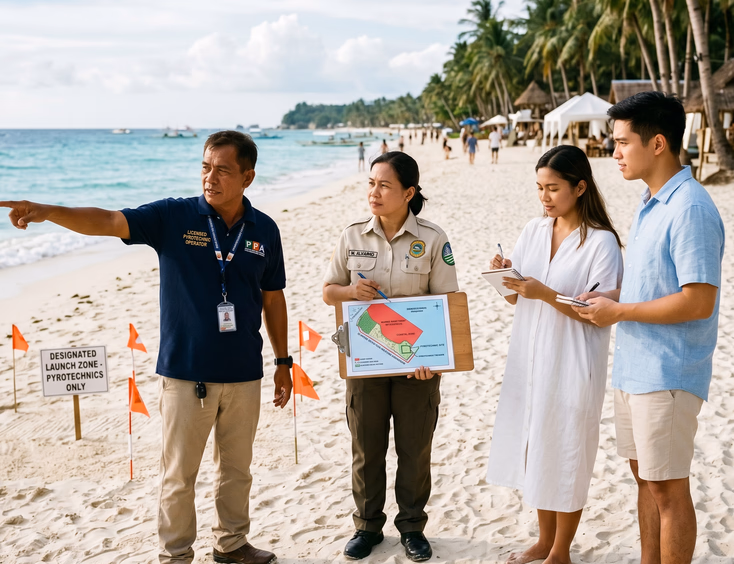 Filipino couple and DENR officer reviewing environmental clearance for a beach wedding fireworks display in a protected coastal area.