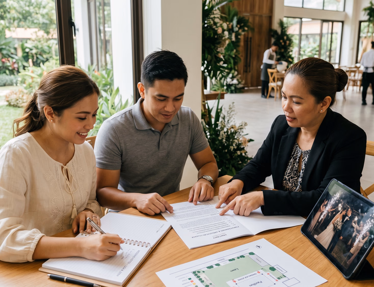 Filipino couple and venue coordinator reviewing contract clauses for fireworks and pyrotechnic rules during the wedding planning process.