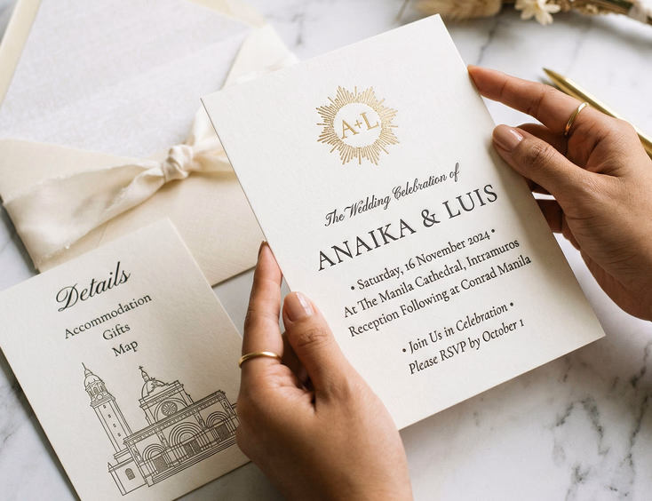 A close-up of a Filipino woman's hands holding an ivory wedding invitation card with deep letterpress typography and a gold foil monogram, with a second engraved card and a cream envelope with a silk ribbon resting on a marble surface beside her in soft diffused studio lighting.