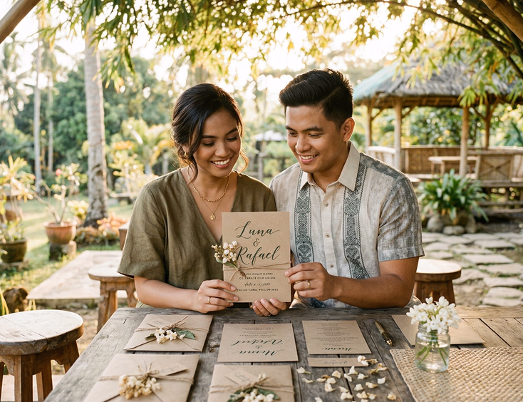 A Filipino couple in their late 20s sit on wooden stools at a farm venue reviewing a rustic wedding invitation suite of kraft paper cards with dark green ink and dried sampaguita, with twine-bound envelopes on the table and warm golden afternoon light filtering through bamboo overhead.