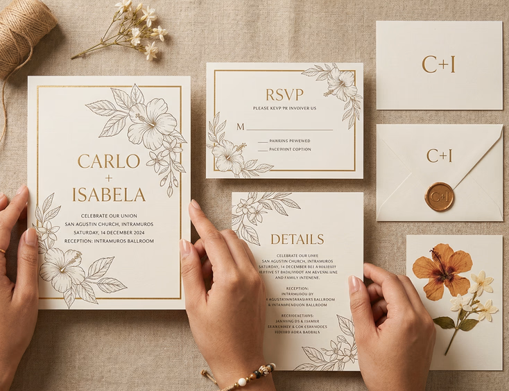 A flat lay of a Filipino wedding invitation suite on a textured linen surface combining botanical line art florals on a cream card with elegant typography and a single gold foil border, with a Filipino woman's hands gently arranging the suite components under soft warm overhead light.
