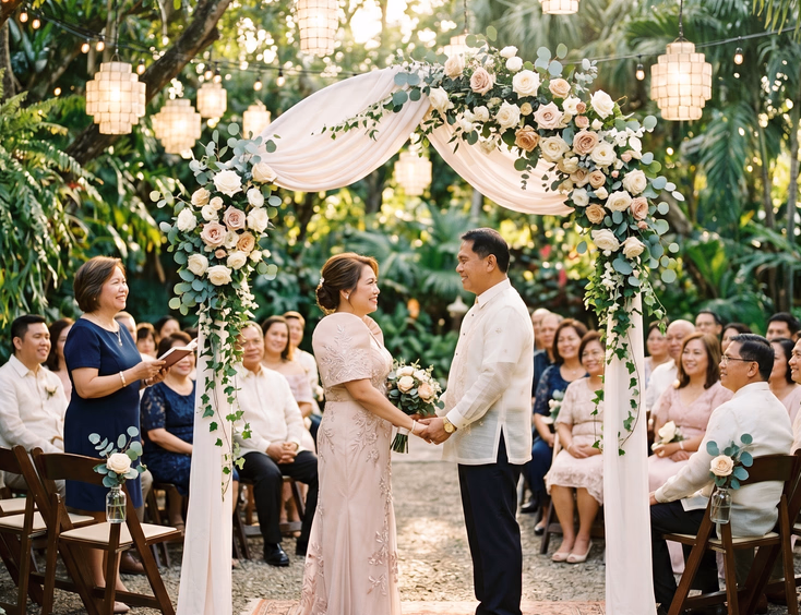 Garden Filipino vow renewal ceremony featuring a couple in modern Filipiniana and barong tagalog.