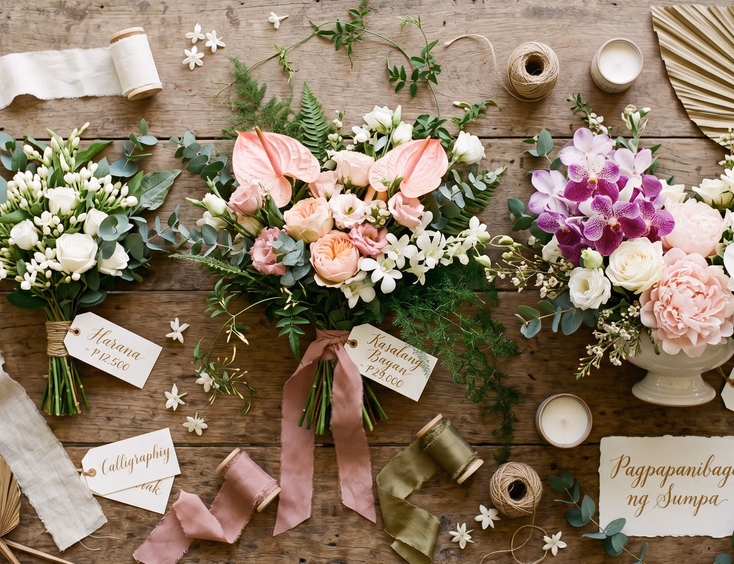 Flat-lay comparison of three Filipino vow renewal floral bouquets on a wooden table.