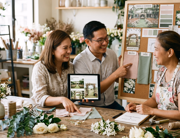 Filipino couple consulting with a wedding florist at a bright studio workspace.