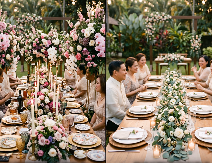 Side-by-side comparison of an overstyled wedding table setup versus a clean, intimate Filipino vow renewal tablescape.