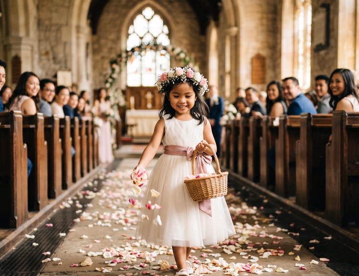 Young Filipino flower girl around five years old in a soft ivory tulle dress with a dusty rose sash and fresh floral crown walking down a stone church aisle scattering rose petals from a wicker basket with guests softly blurred in wooden pews on both sides in warm golden church light