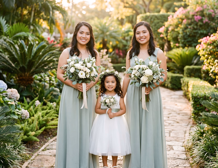 Two Filipino bridesmaids in sage chiffon A-line gowns flanking a young Filipino flower girl in a white tulle dress with a sage ribbon sash and floral crown on a garden path at a Philippine wedding venue all three holding matching bouquets in soft golden afternoon light