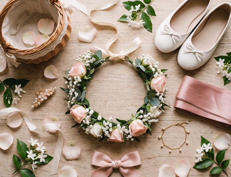 Flat lay of Filipino wedding flower girl accessories on a light wooden surface including a fresh blush floral crown, white ballet flats, pearl hair clip, dusty rose satin sash, lace-trimmed wicker basket, silk ribbon bow, gold ankle bracelet, scattered rose petals, and sampaguita sprigs