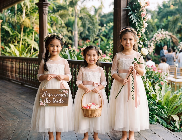 Three young Filipino flower girls in matching ivory tulle dresses with blush sashes standing on a covered veranda at a Philippine garden wedding venue one holding a hand-painted here comes the bride sign one holding a petal basket and one holding a blush ribbon flower wand with tropical greenery in the background