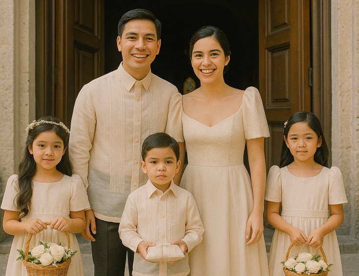 Young Filipino couple with flower girls and a ring bearer calmly lined up at church doors baskets and ring pillow visible