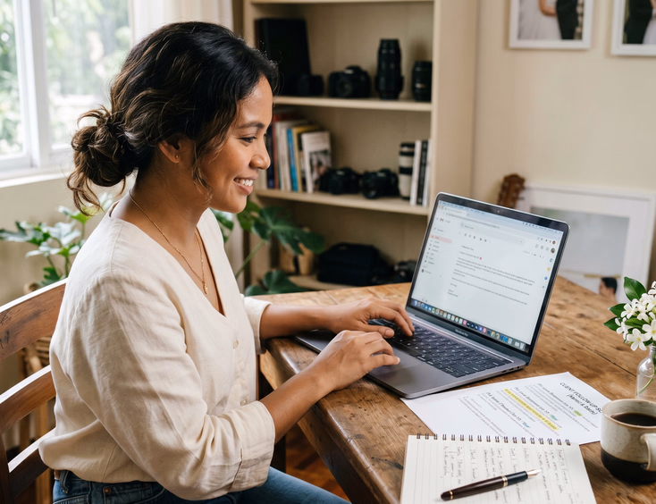 Filipino wedding photographer drafting a follow-up message on a laptop in her Quezon City home studio.