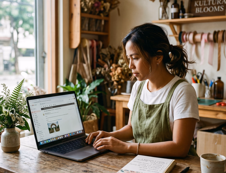 Filipino wedding florist attaching a portfolio piece to a follow-up email on her laptop in a Pasig studio.