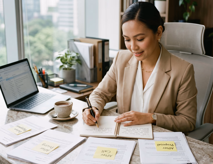 Filipino wedding coordinator customizing follow-up messages at a desk in her Makati office.