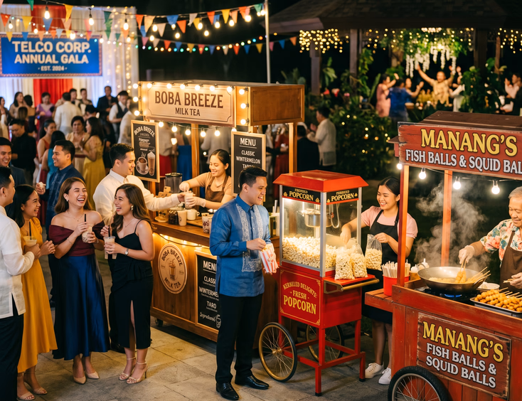 Row of Filipino food carts at a corporate event with fish ball, popcorn, and milk-tea stations, guests and attendants under vibrant lighting.