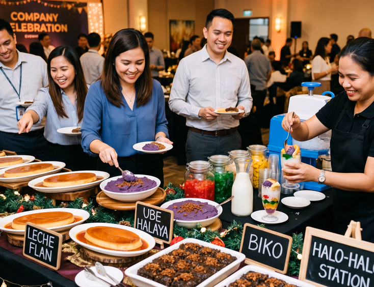 Filipino dessert buffet at a company party with leche flan, ube halaya, biko, and a halo-halo station with a server and guests.