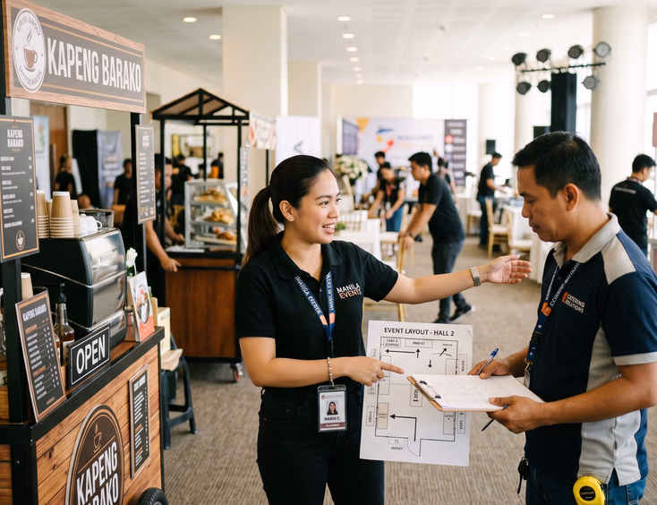 Filipino events planner and supplier discuss food cart placement at an event setup near a coffee cart, gesturing at a floor plan.