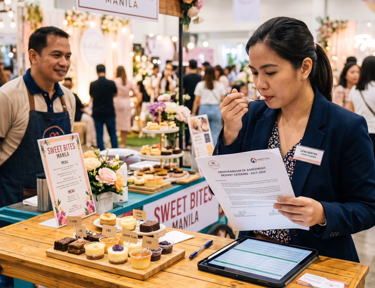 Filipino events planner samples treats while reviewing a printed contract with a food cart supplier at a dessert station.