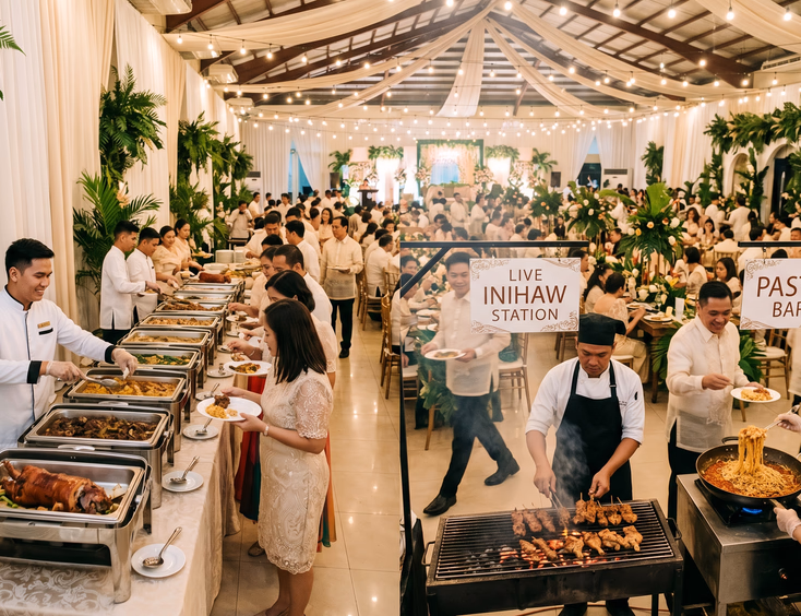Filipino wedding reception venue showing a buffet line with a server on the left and a live inihaw grill station and pasta bar on the right, with guests in semi-formal attire moving between stations