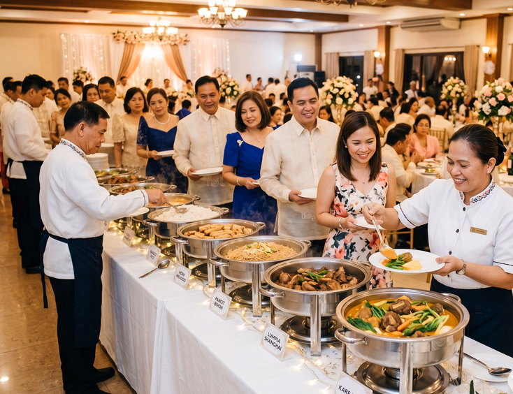 Filipino wedding buffet in full service with two servers in white uniforms portioning rice and kare-kare for a line of formally dressed guests along a steaming chafing dish table