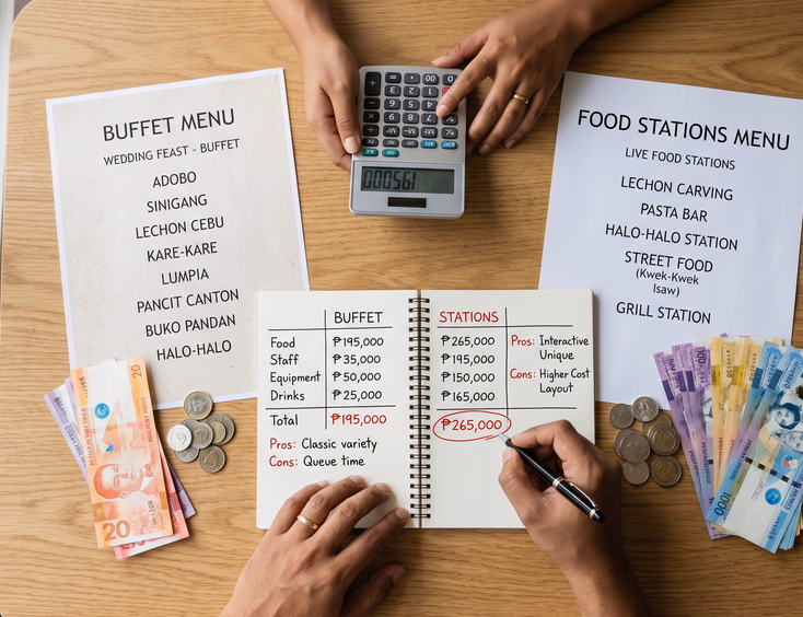 Overhead flat lay of Filipino wedding catering budget comparison with a buffet menu and food station menu beside peso bills and a handwritten comparison chart of costs for food, staff, and equipment