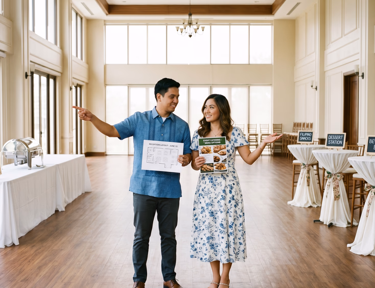 Filipino couple planning their wedding catering layout in an empty banquet hall, the groom holding a floor plan pointing toward a buffet table and the bride holding a catering brochure gesturing toward food station signs