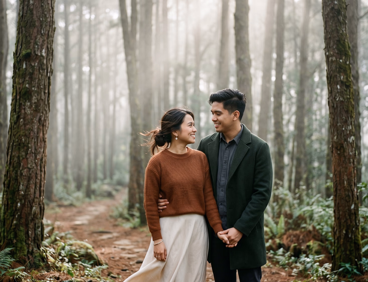 Filipino couple in a misty pine forest in the Philippine highlands wearing a rust sweater and dark green coat for a romantic prenup shoot.