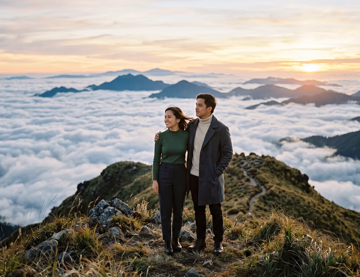 Filipino couple standing on a grassy mountain summit at sunrise with a sea of clouds during an epic prenup photo shoot.