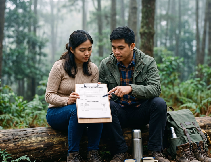 Filipino couple reviewing a prenup shoot itinerary and budget on a clipboard while seated on a log in a misty pine forest.