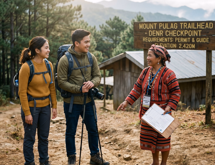 Filipino couple talking to a local accredited guide at a Cordillera trailhead checkpoint while preparing for their mountain prenup.