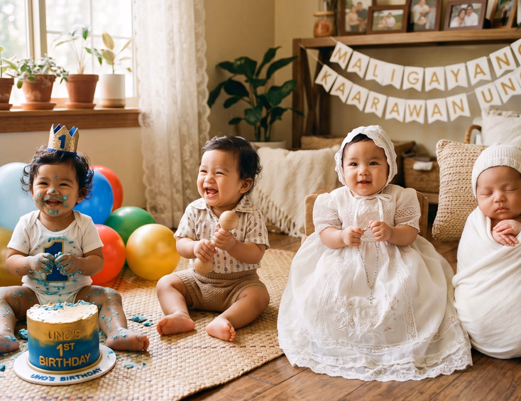 A photo collage showing a Filipino baby's first-year milestones, including newborn, christening, sitting up, and a cake smash.
