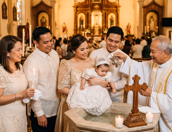 A Filipino baby in a white baptismal gown is held by joyful parents and godparents near a church font in warm ceremonial light.