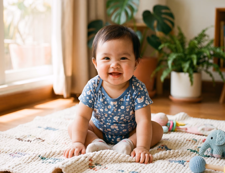 A happy six-month-old Filipino baby sits up unassisted on a soft blanket, smiling at the camera with bright eyes in daylight.