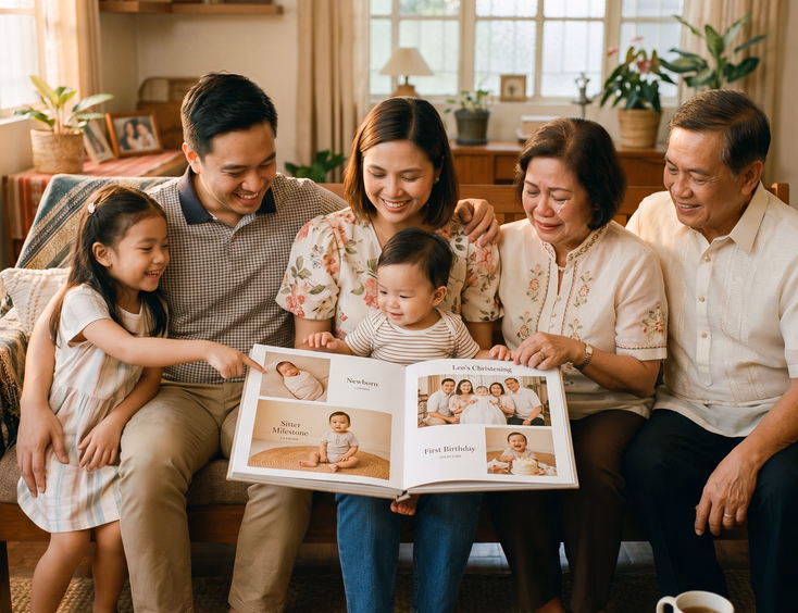 A Filipino family proudly reviews a cohesive first-year photo album featuring newborn, christening, and birthday photos at home.