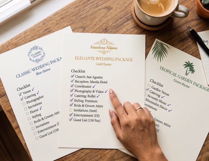 Filipino female hand pointing at wedding package documents spread across organized wooden desk