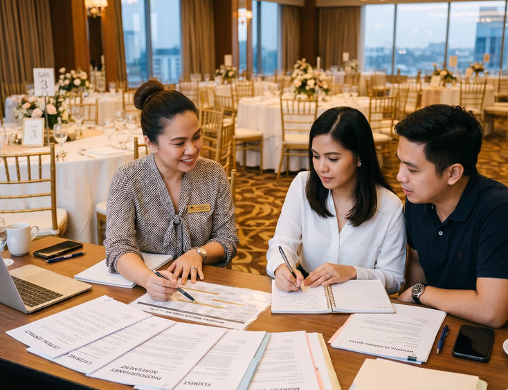 Filipino wedding coordinator presenting supplier contracts and master timeline to couple at hotel conference table
