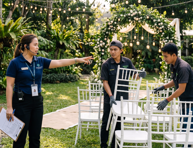 Filipino on-the-day wedding coordinator directing setup crew arranging chairs at outdoor garden venue