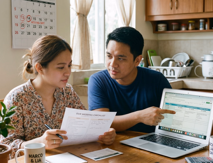 Filipino couple comparing wedding packages on laptop with printed checklist at home kitchen table